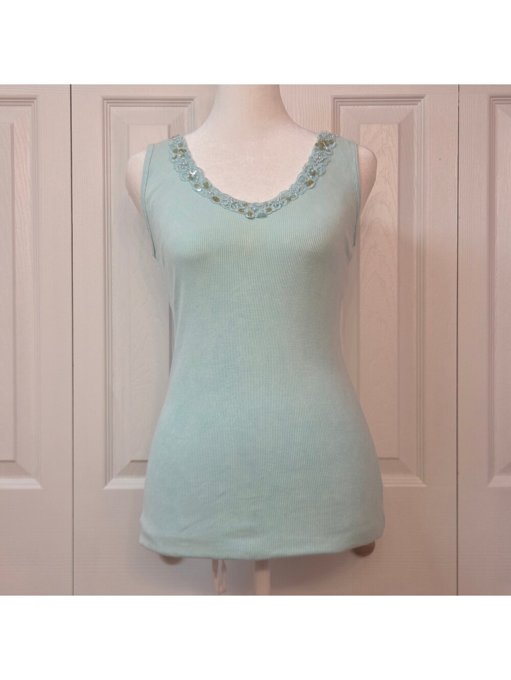 Vintage Y2K Baby Blue Tank Top w/ Beaded Lace Neckline Sz S Fairy Mermaid Summer